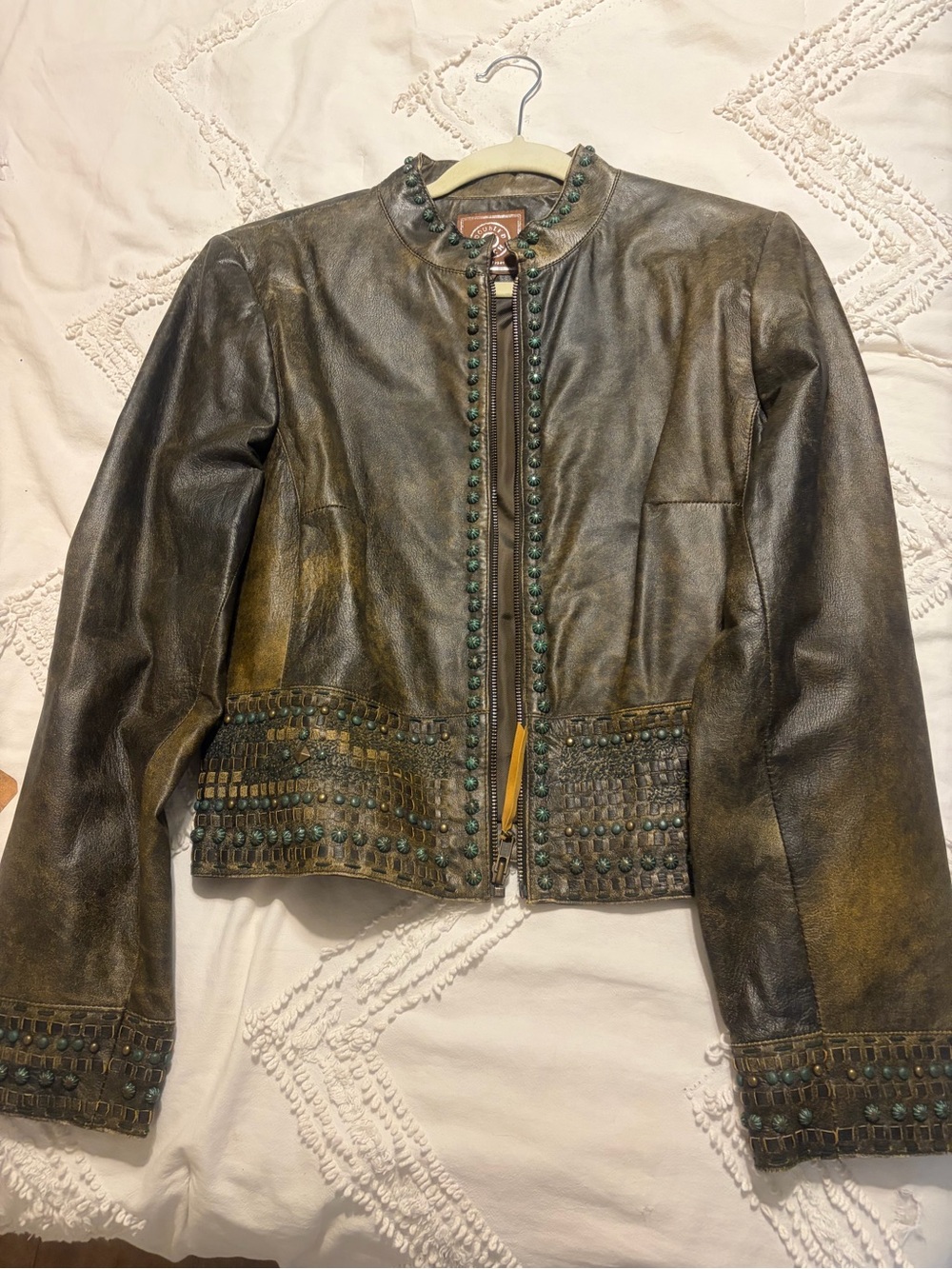 Double D Ranch Distressed brown Leather Jacket with Turquoise Studs